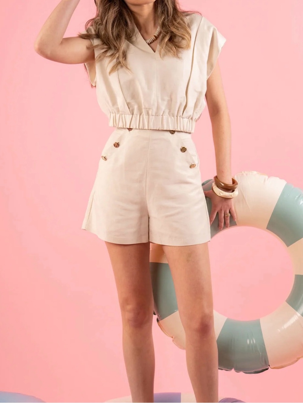 High-Waist Cream Button-Detail Women’s Shorts